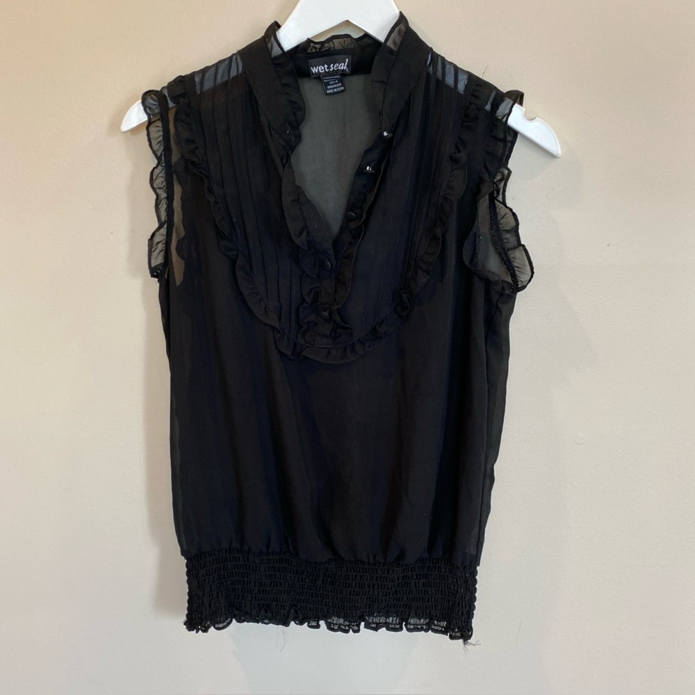 Wet Seal Sheer Top Sleeveless Ruffle Button Juniors Medium Black Y2K